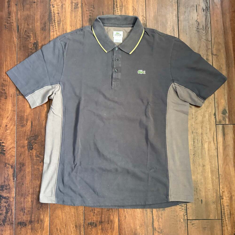 Lacoste Sport Polo Shirt Mens 6 XL Gray Taupe Colorblock Yellow Collar Trim